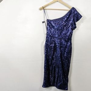 IEENA for MAC DUGGAL Women's NWT One Shoulder Sequin Gown Midnight Blue Size 8